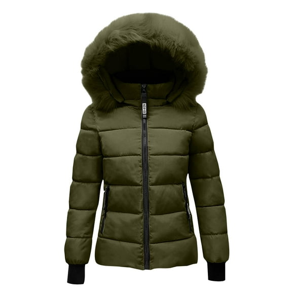 Stichou Down Coats for Women with Hood Thicken Warm Puffer Jacket with Faux Fur Hood Heavyweight Jackets Winter Coat Pockets Army Green 2XL