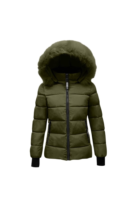 Down Coats for Women with Hood Thicken Warm Puffer Jacket with Faux Fur Hood Heavyweight Jackets Winter Coat Pockets Army Green 2XL