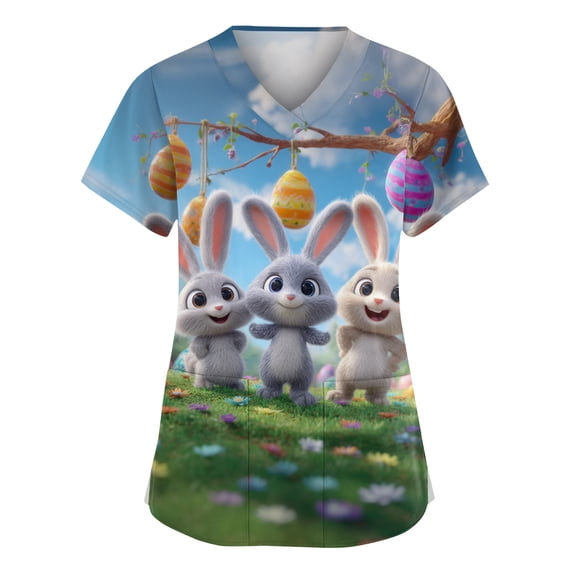 Stichou Easter Scrub Tops Women 2026 Rabbit Eggs Graphic Happy Short Sleeve Clothes Loose Fit V Neck Fashion Shirts with Pockets Sky Blue 5XL