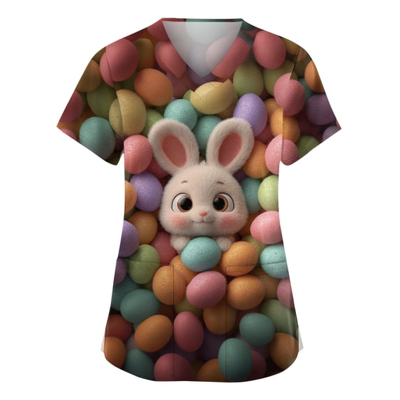 Stichou Easter Scrub Tops for Women Rabbit Eggs Graphic Funny Short Sleeve Scrub Tops Comfortable V-Neck Trendy Clothes with Pockets Coffee 2XL