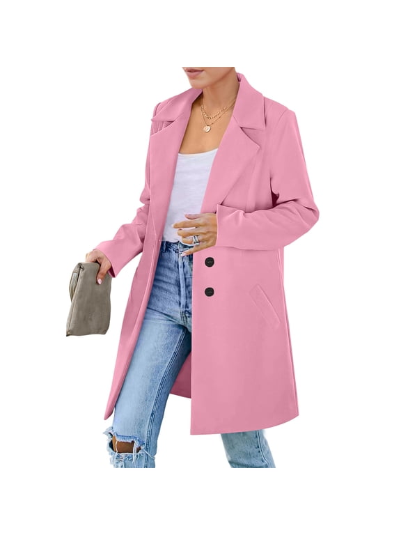 Fall Coats for Women Winter Long Pea Coats Stand Collar Single Breasted Trench Winter Spring Coat Hot Pink M