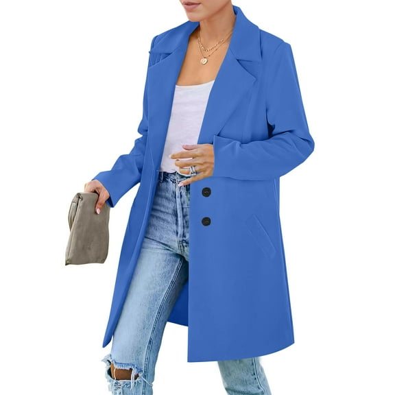Stichou Fall Coats for Women Winter Long Pea Coats Stand Collar Single Breasted Trench Winter Spring Coat Sky Blue M