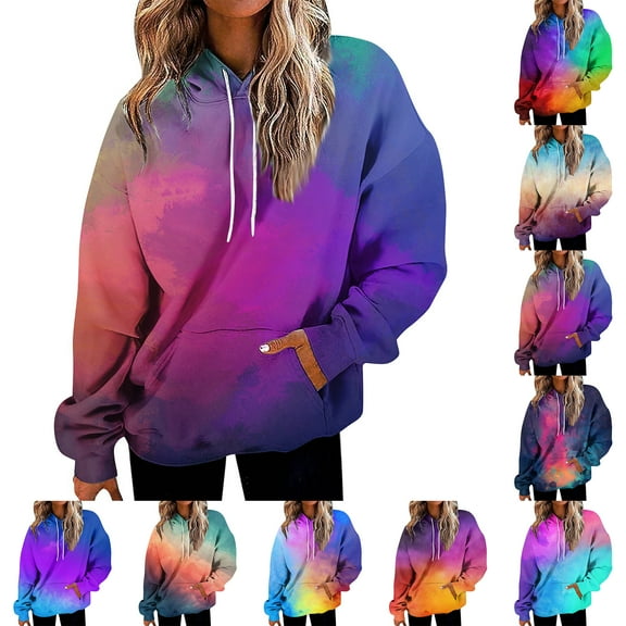 Stichou Fall Pocket Drawstring Hoodies for Womens Casual Oversized Tie Dye Gradient Long Sleeve Sweatshirts for Women Light Purple S
