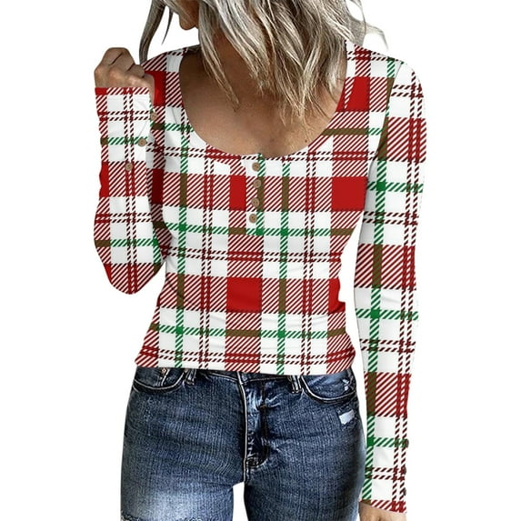 Stichou Fall Shirts for Women Henley Plaid Slim Fit Long Sleeve Basic Tunic Tops Loose Fit Button Blouse Trendy Clothes Vermilion M