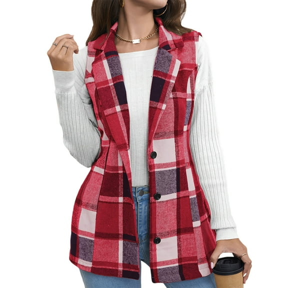 Stichou Flannel Plaid Shacket Women Plus Size Button Down Long Sleeve Shirts Casual Fall Jacket Ladies Winter Coats Red XL