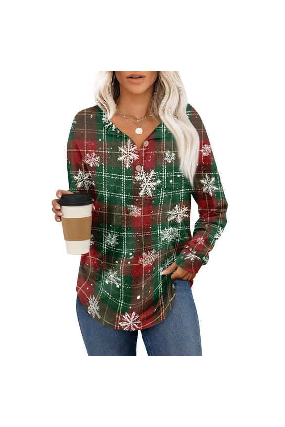 Flannel Shirt Women Snowflakes Long Sleeve Button Down Henley Shirts Dressy Casual Fall Ladies Tops and Blouses Army Green L