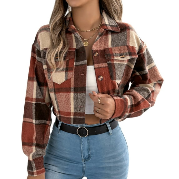 Stichou Flannels for Women Cropped Shacket Jacket Fashion Plaid Button Down Shirt 2025 Fall Coat Tops Orange M