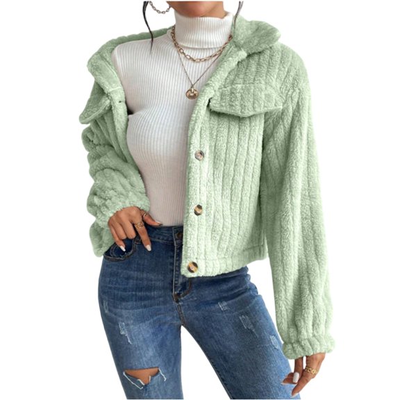 Stichou Fleece Jacket for Women Cropped Long Sleeve Lapel Neck with Front Pockets Fall Winter Button Sherpa Shacket Fluorescent Green L