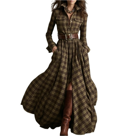 Stichou French Retro Grid Dress - Retro Ethnic Style Lapel Reddish Ruffle Brown Plaid Maxi Dress, Long Sleeves, Lapel Button Closure Earthy Yellow 2XL