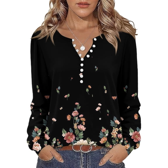 Stichou Henley Tops for Women Long Sleeve Loose Fit Floral Graphic Shirts Comfy Button Blouses Winter Trendy Tee Black S