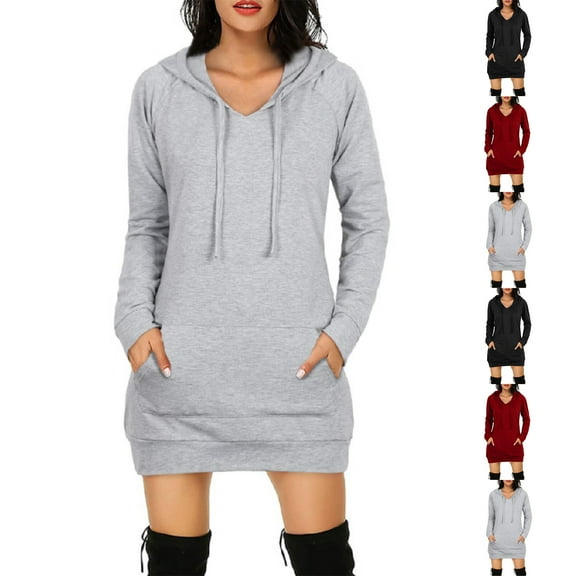 Stichou Hoodie Dress for Women Athleisure Drawstring Hooded Sweatshirt Dress Casual Long Sleeve Tunic Dress with Pockets Gray XL