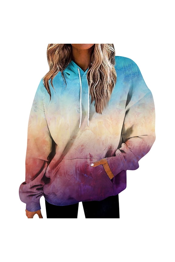 Hoodies For Women Tie Dye Gradient Sweatshirts Baggy Drawstring Hooded Pullover 2025 Fall Casual Tops With Pocket Dark Purple 2XL