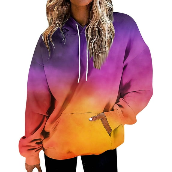 Stichou Hoodies For Women Tie Dye Gradient Sweatshirts Baggy Drawstring Hooded Pullover 2025 Fall Casual Tops With Pocket Orange M