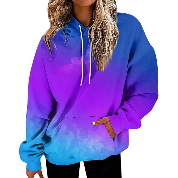 Stichou Hoodies for Women Tie Dye Gradient Loose Fit Baggy Gradient Colors Pullover Tops Trendy Casual Fall Sweatshirts with Pocket Purple Pink XL