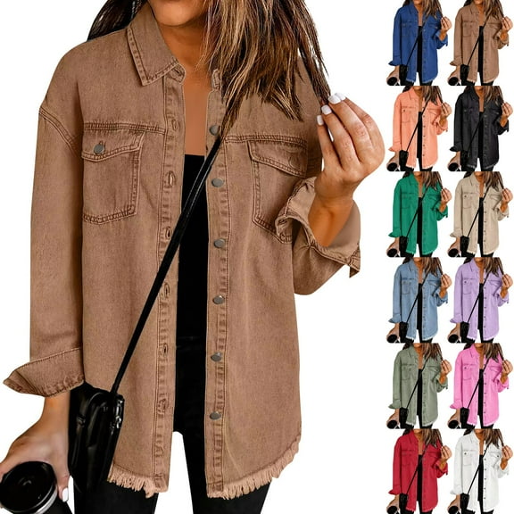 Stichou Jacket for Women Oversized Boyfriend Jean Shirts Button Up Frayed Hem Shacket Distressed Ripped Denim Jackets 2025 Brown M