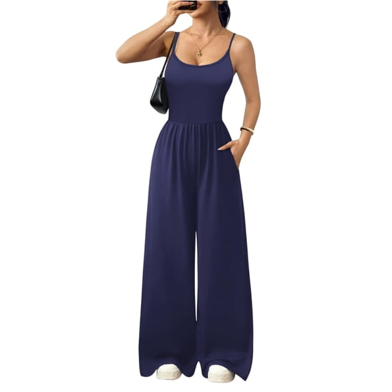 Stichou Jumpsuits for Women Sleeveless Spaghetti Strap Womens Jumpsuit One Piece Wide Leg 2026 Summer Romper With Pockets Navy L