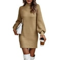 thumbnail image 1 of Stichou Khaki Sweater Dress for Women Ribbed Knit Long Sleeve Casual Pleated Plain Dress Fall Winter Trendy Mock Neck Midi Dresses Khaki L, 1 of 8