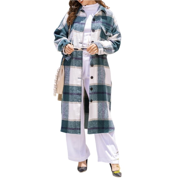 Stichou Ladies Plaid Jackets Long Sleeve Flannel Shacket Jacket for Women Button Down Plaid Coat Dark Green S