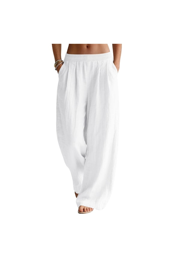 Linen Pants for Women Wide Leg Palazzo with Pockets 2026 Summer Flowy Pants Beach Vacation Clothes Elastic Waist Travel Trousers White L
