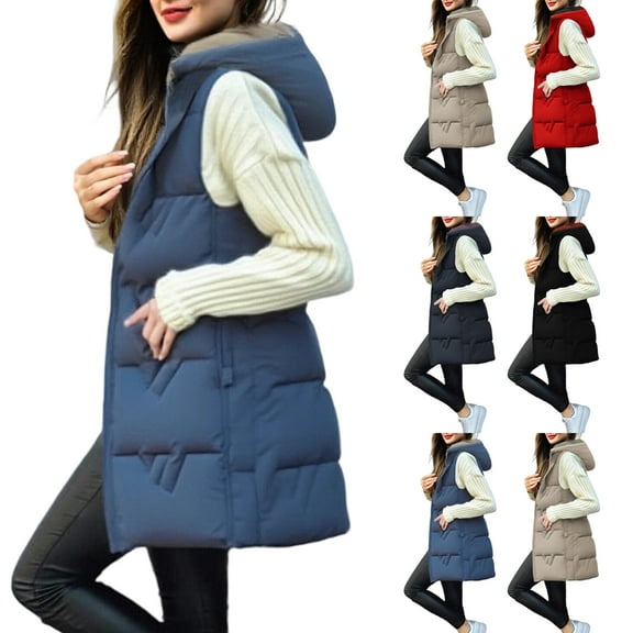Stichou Long Puffer Vest for Women Padded Sleeveless Hooded Jackets Winter Trendy Zip Up Coat Jacket Quilted Warm Outerwear Blue 2XL