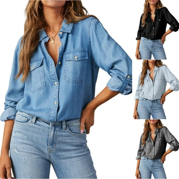 Stichou Long Sleeve Denim Shirt Women Button Down Chambray Shirt Casual Snap Jean Shirts Blouse Top Blue S