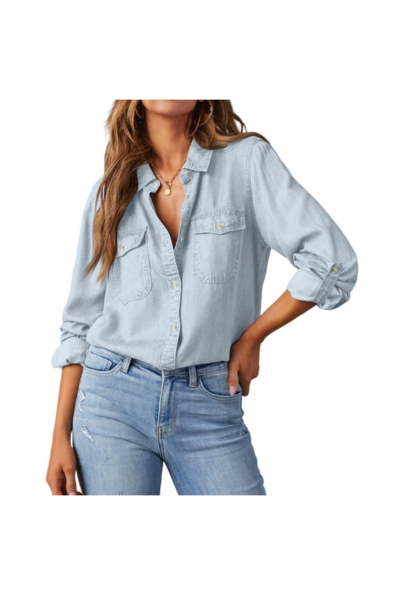 Long Sleeve Denim Shirt Women Button Down Chambray Shirt Casual Snap Jean Shirts Blouse Top Light Blue S
