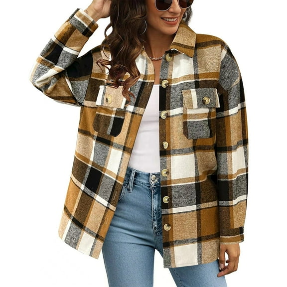 Stichou Long Sleeve Plaid Shirt For Women Flannel Button Down Shirts Buffalo Shackets Business Casual Blouses Coffee XL