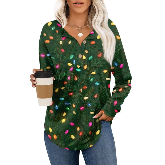 Stichou Long Sleeve Shirts for Women Christmas Button Down Henley Shirts Dressy Casual Loose Fall Winter Ladies Tops and Blouses Dark Green 3XL