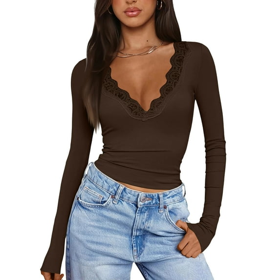 Stichou Long Sleeve Shirts for Women Lace V Neck Rib Knit Slim Fit Basic Tee Tops Casual T-Shirt Going Out Spring Fall Outfits Coffee S