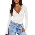 thumbnail image 1 of Stichou Long Sleeve Shirts for Women Lace V Neck Rib Knit Slim Fit Basic Tee Tops Casual T-Shirt Going Out Spring Fall Outfits White S, 1 of 5