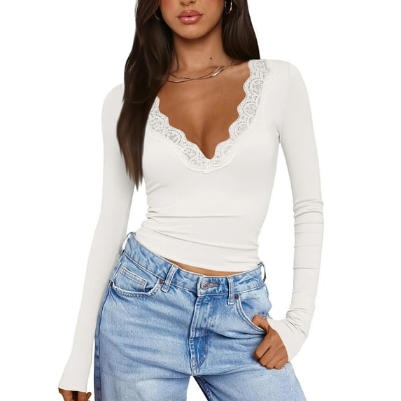 Stichou Long Sleeve Shirts for Women Lace V Neck Rib Knit Slim Fit Basic Tee Tops Casual T-Shirt Going Out Spring Fall Outfits White S