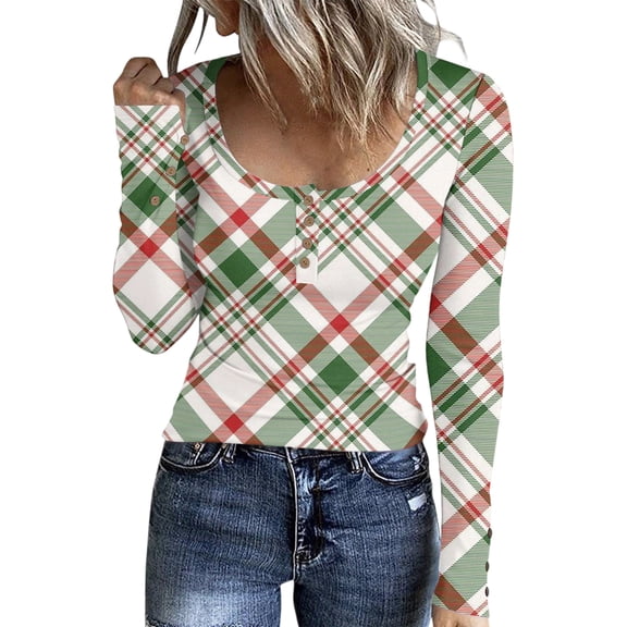 Stichou Long Sleeve Shirts for Women Plaid Slim Fit Soft Tops Loose Fit Button Blouses Fall Fashion Outfits Green S