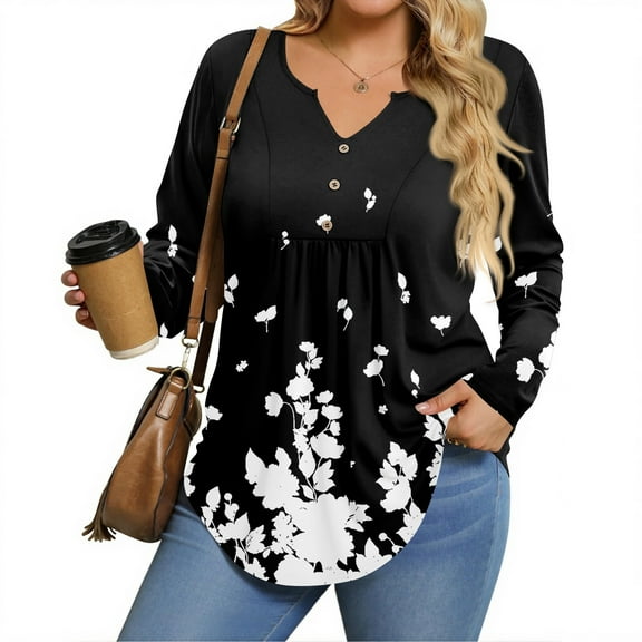 Stichou Long Sleeve Womens Plus Size Tops Casual Button V Neck Shirts Pleated Dressy Blouses 2025 Fall Tunic Fashion Clothes Black L