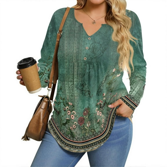 Stichou Long Sleeve Womens Plus Size Tops Casual Button V Neck Shirts Pleated Dressy Blouses 2025 Fall Tunic Fashion Clothes Dark Green L