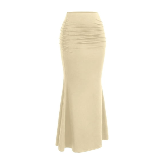 Stichou Mid Waist Skirts for Women Solid Ruched Bodycon Long Maxi Skirt Casual Fishtail Pencil Skirt Beige L