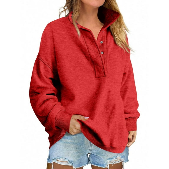 Stichou Oversized Sweatshirts for Women No Hood Mock Neck Fleece Lined Waffle Long Sleeve Button Pullover Tunic Sweatshirt Red 2XL