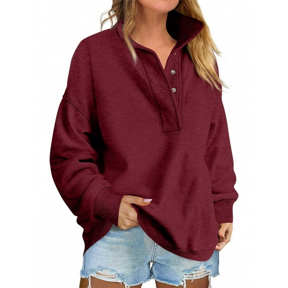 Stichou Oversized Sweatshirts for Women No Hood Mock Neck Fleece Lined Waffle Long Sleeve Button Pullover Tunic Sweatshirt Wine S