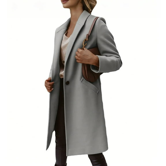 Stichou Pea Coats For Women Fall Winter Classic Notch Lapel Single Breasted Trench Coat Wool Blend Long Sleeve Overcoat Light Gray M