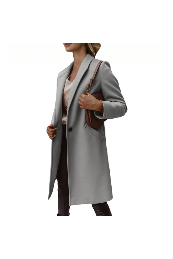Pea Coats For Women Fall Winter Classic Notch Lapel Single Breasted Trench Coat Wool Blend Long Sleeve Overcoat Light Gray M