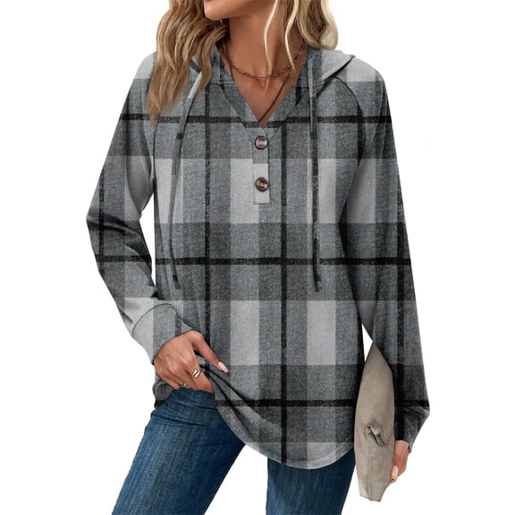 Stichou Plaid Hoodies for Women Trendy Fall Fashion 2025 V Neck Button Oversized Sweatshirt Plus Size Tops Clothes Gray 2XL