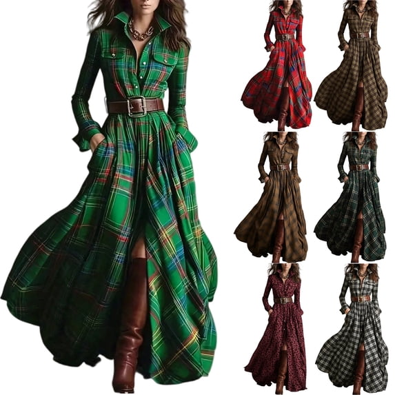 Stichou Plaid Maxi Dress for Women, Long Sleeve Dress Vintage V-Neck Long-Sleeve Pastoral Style Dresses with Pockets, Lapel Button Maxi Plaid Dresses with Belt Green S