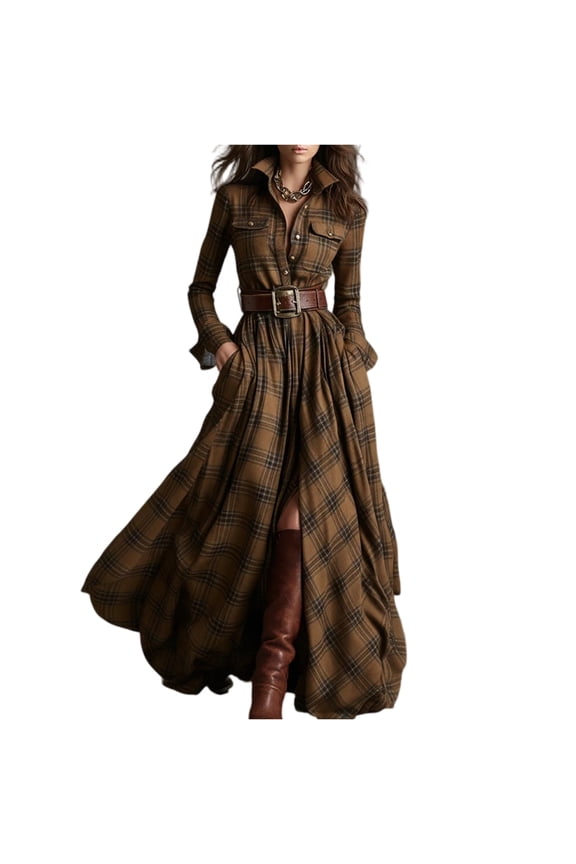 Plaid Maxi Dress for Women, Long Sleeve Dress Vintage V-Neck Long-Sleeve Pastoral Style Dresses with Pockets, Lapel Button Maxi Plaid Dresses Brown S