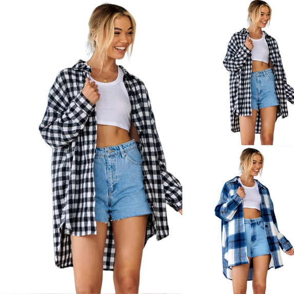 Stichou Plaid Shirts for Women Casual Roll up Long Sleeve Boyfriend Button Down Beach Vacation Checkered Shirt Black M