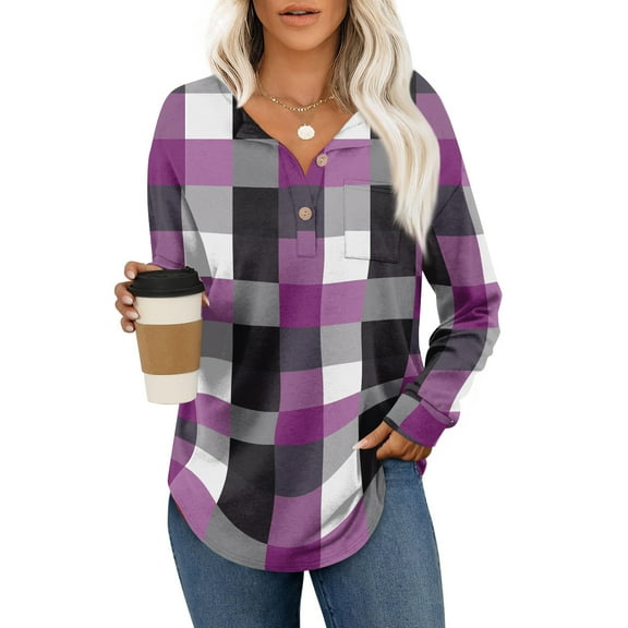 Stichou Plaid Shirts for Women Flannel Long Sleeve Button Down Henley Shirts Dressy Casual Fall Ladies Tops and Blouses Purple 2XL