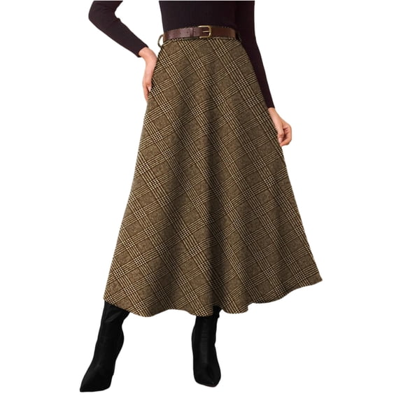 Stichou Plaid Skirts for Women 2026 Spring Winter Flared Vintage High Waist A Line Midi Tartan Skirts with Pockets Khaki L
