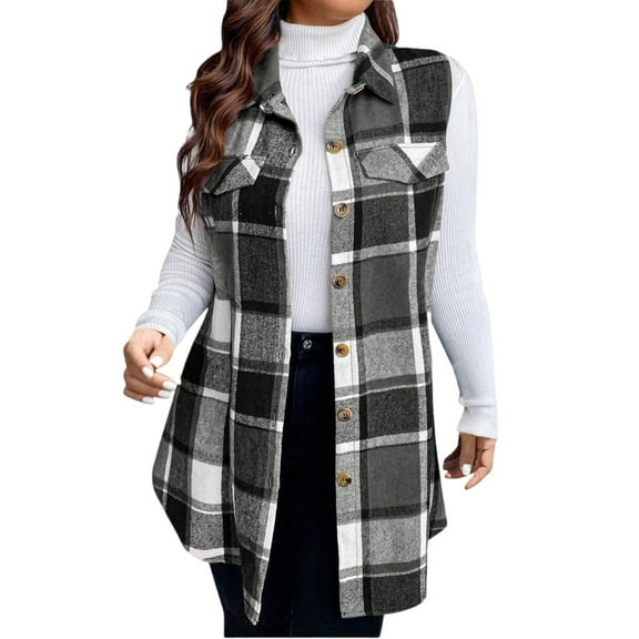 Stichou Plaid Vest for Women 2025 Trendy Casual Sleeveless Flannel Shirt Jacket Loose Lapel Button Down Coat with Pockets Black XL