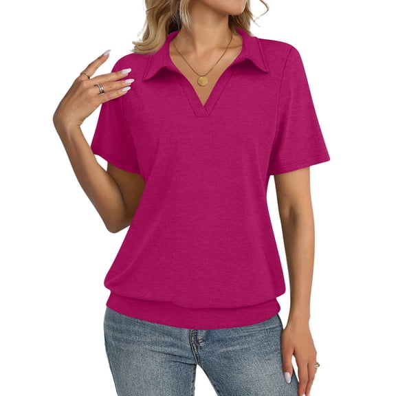 Stichou Polo Shirts for Women 2026 Short Sleeve Banded Bottom Tops Business Casual Spring Summer Tops Collared V Neck Dressy Blouses Dark Purple XL