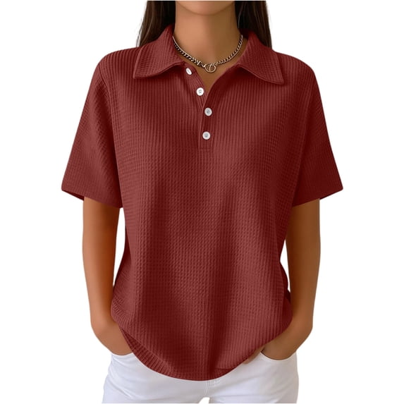 Stichou Polo Shirts for Women Short Sleeve Button Waffle Knit Golf Tee Cotton Business Casual 2026 Summer Work Tops Wine 3XL