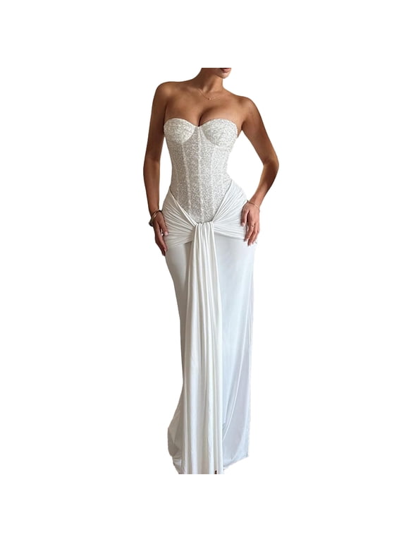 Prom Dresses 2026 Long Satin Bodycon Pleated Wedding Guest Dress Mesh Hem Strapless Corset Formal Evening Gowns White L