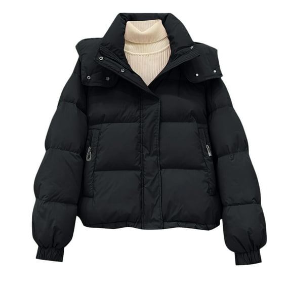 Stichou Puffer Jacket for Women Casual Zipper Padded Keep Warm Cold Protection Long Sleeve Parkas Winter Clothing Black 2XL